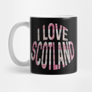 I LOVE SCOTLAND Pink, White and Grey Tartan Colour Typography Design Mug